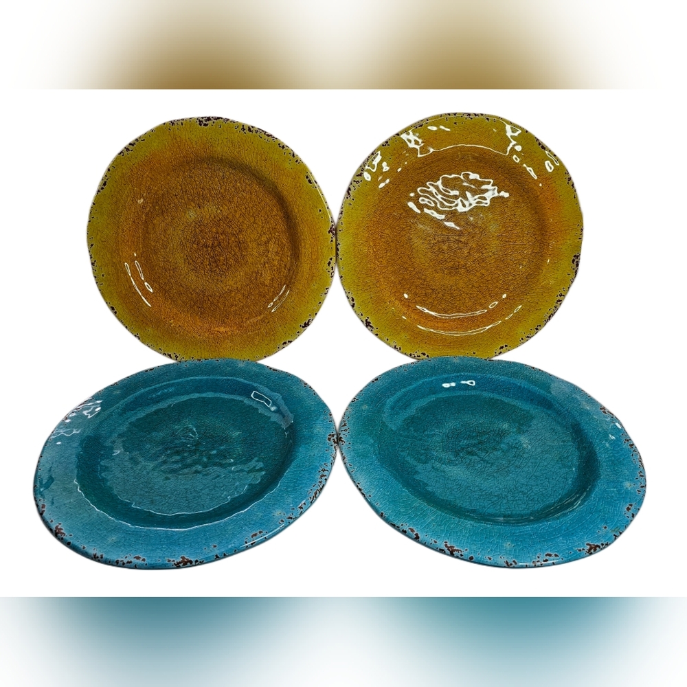 Pier 1 Imports Carmelo Blue & Yellow Rustic Crackled Melamine Dinner Plates (4)